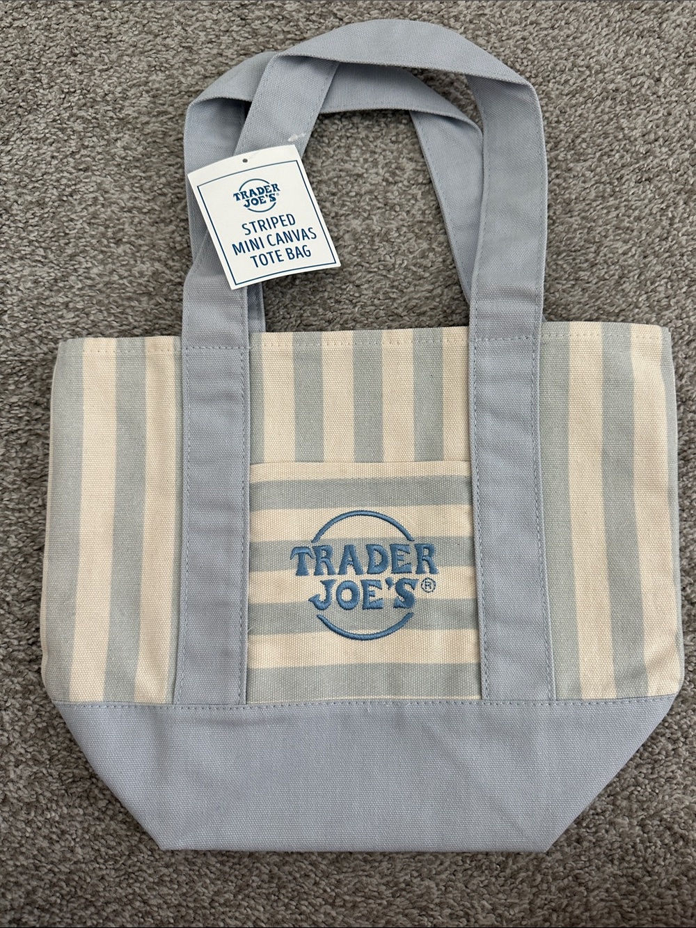 Trader Joe's Striped Mini Canvas Tote Bag in Light Blue and Cream
